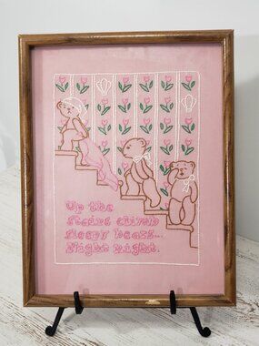 Hand Embroidered Picture Pink & Green Sleepy Bears Flowers Tulips Bedtime Saying